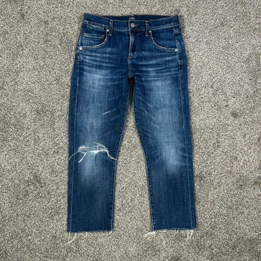 Agolde Isabel Dark Denim Distressed Raw Hem Jeans Womens 24 Straight Leg Fit - Picture 1 of 13